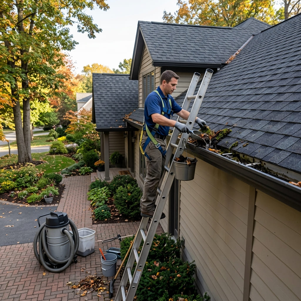Wet leaves and debris being cleared by hand from a residential gutter in Michigan