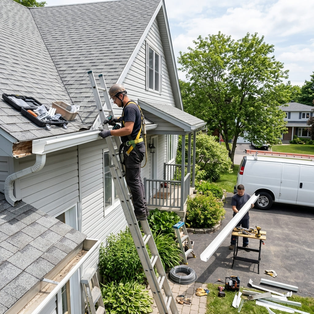 New seamless aluminum gutter being installed along the roofline of a Michigan home