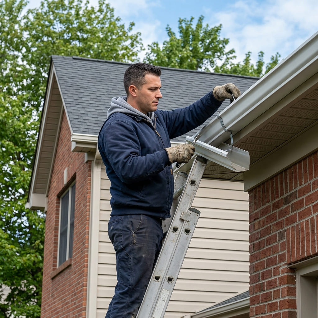 A sagging gutter section pulling away from the fascia board of a Michigan house