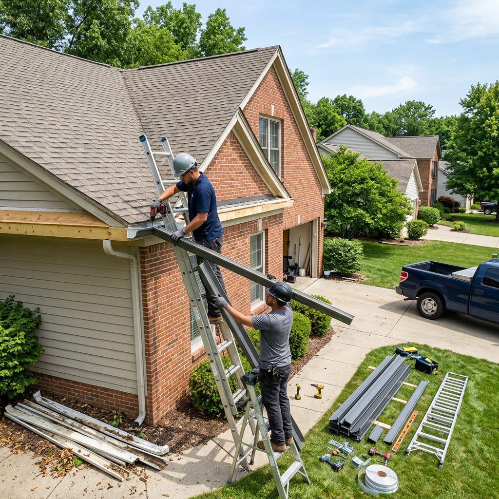 Old damaged gutters being removed from a house before replacement