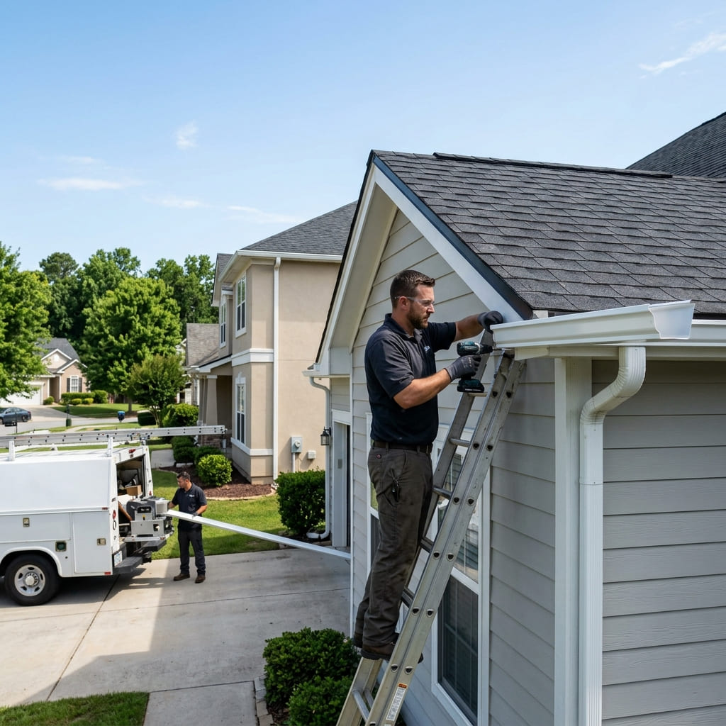 Seamless aluminum gutter running along the eave of a Michigan home
